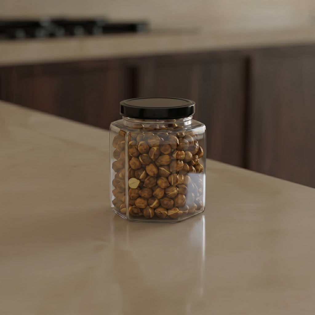 190 ML Hexagonal Glass Jar with Black & Gold Cap