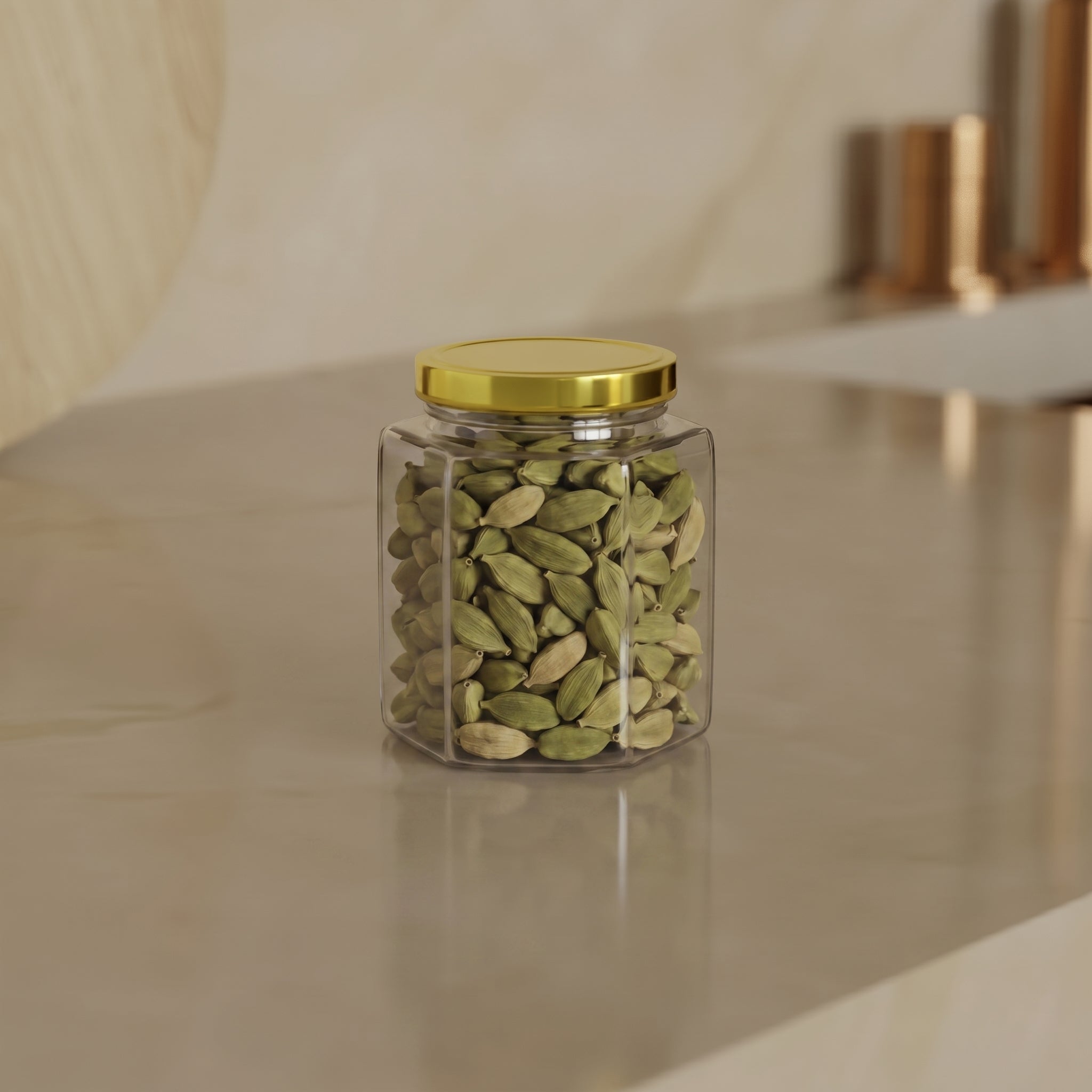 190 ML Hexagonal Glass Jar with Black & Gold Cap