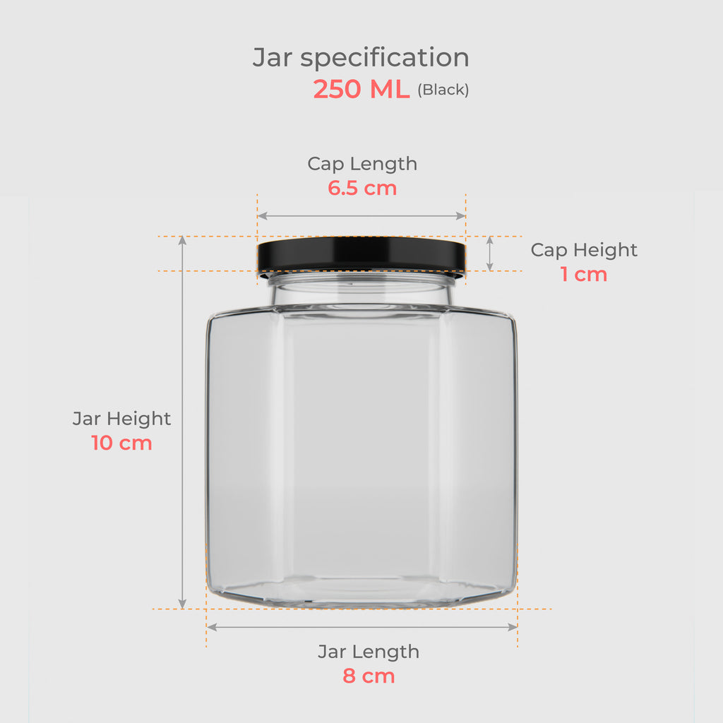 250 ML Hexagonal Glass Jar with Black & Gold Cap
