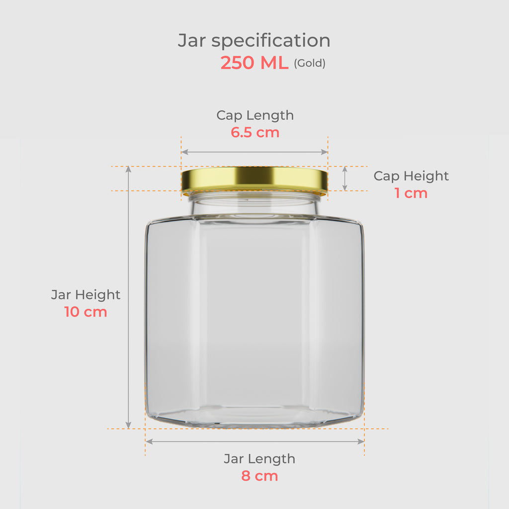 250 ML Hexagonal Glass Jar with Black & Gold Cap