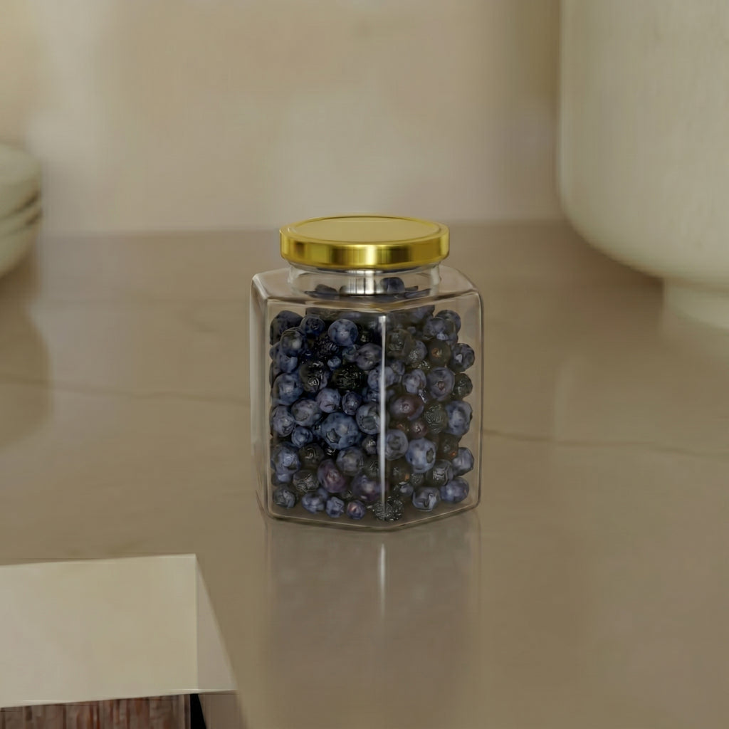250 ML Hexagonal Glass Jar with Black & Gold Cap