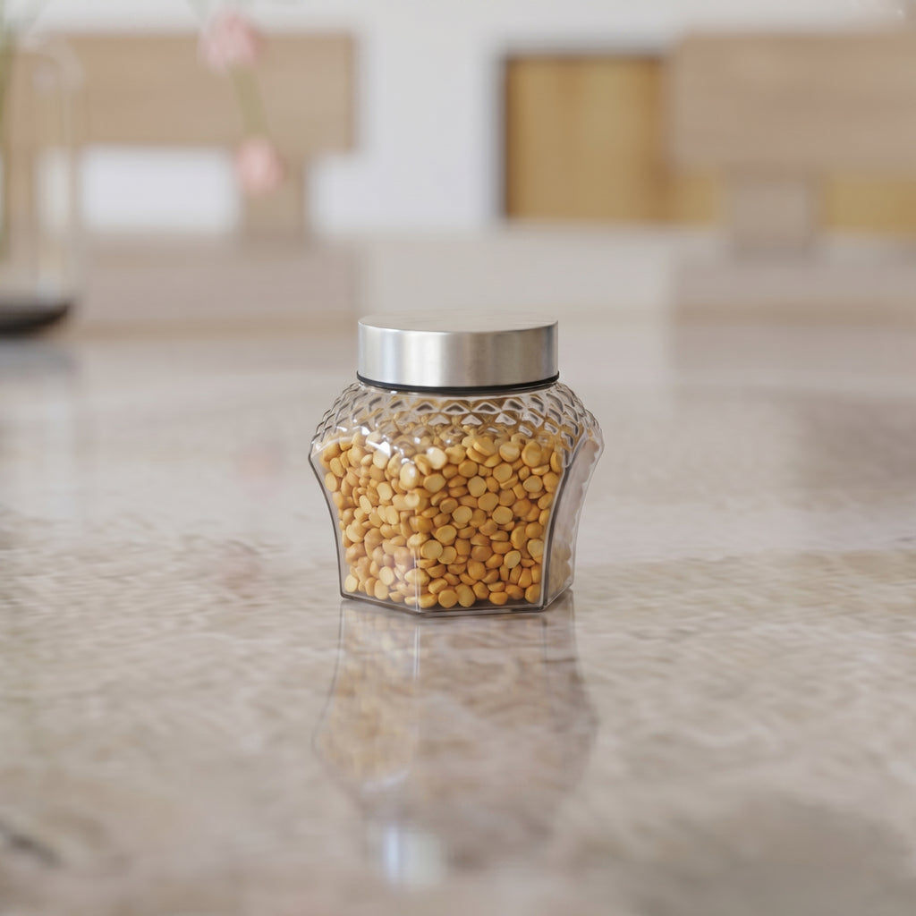 300 ML Crystal Design Glass Storage Jar with Red & Steel Airtight Cap