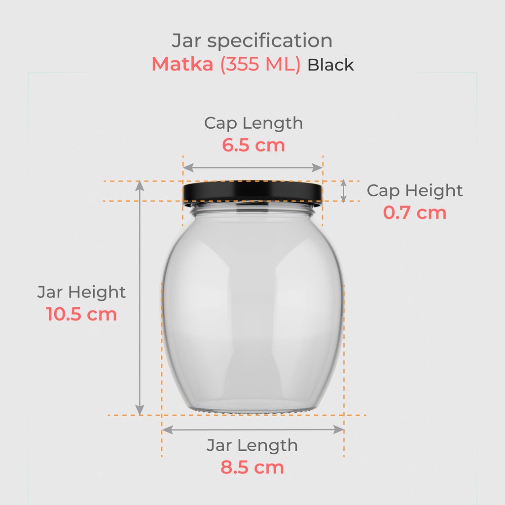355 ML Matka Glass Jar with Black & Golden Airtight Cap